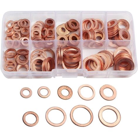 200pcs Rondelle Flat en Cuivre Ring Métriques Coffret de Rondelle Joint Assortiment 9 Tailles M5-M14 Avec Boîte Joint de Bouchon de Puisard Huile Outil Accessoires