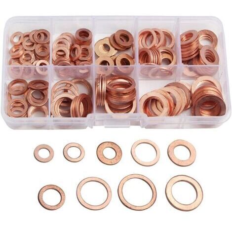 200pcs Rondelle Flat en Cuivre Ring Métriques Coffret de Rondelle Joint Assortiment 9 Tailles M5-M14 Avec Boîte Joint de Bouchon de Puisard Huile Outil Accessoires