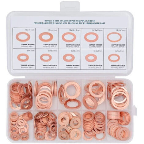 200Pcs Rondelles en Cuivre Assortiment Kit, 9 Tailles, M5 à M14, Assortiment de Joint Rondelle Plate en Laiton, pour Bagues d'Étanchéité et Joint de Bouchon de Vidange