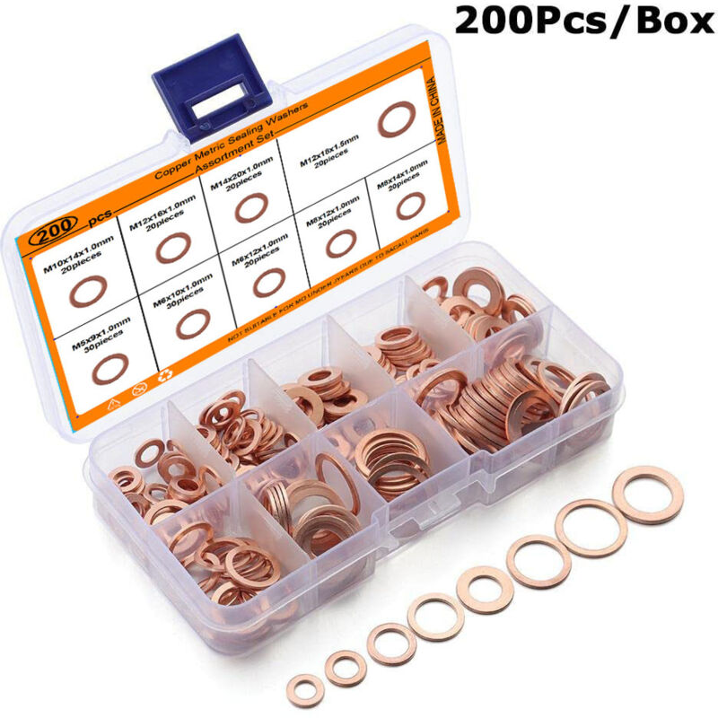 200pcs rondelles en cuivre plates combo kit de 9 tailles M5 - M14 joint torique en cuivre kit d'étanchéité à anneau plat