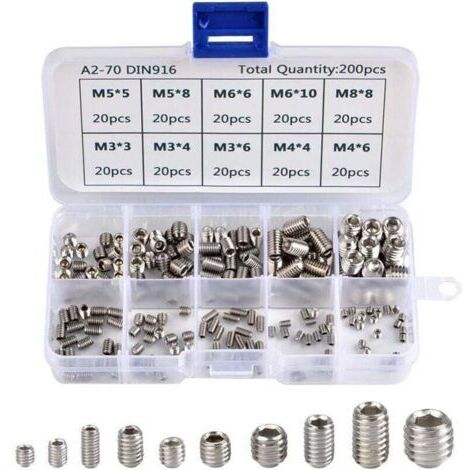 200Pcs Vis Allen Acier Inoxydable Vis Sans Tête Hexagonale Set Métriques Accessoires Métalliques Professionnelles M3 M4 M5 M6 M8--