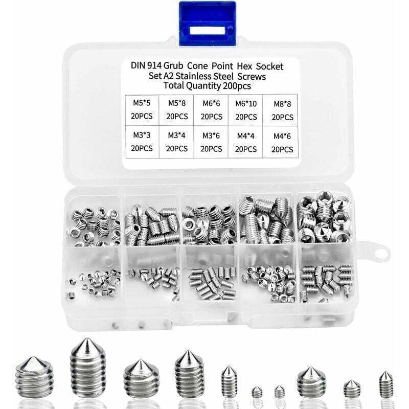 200pcs Vis Pointeau Vis Sans Tête Hexagonale , M3 M4 M5 M6 M8 Tête Conique Acier Inoxydable 304, Vis de pression，Kits de Vis à Six Pans Creux Coupelle