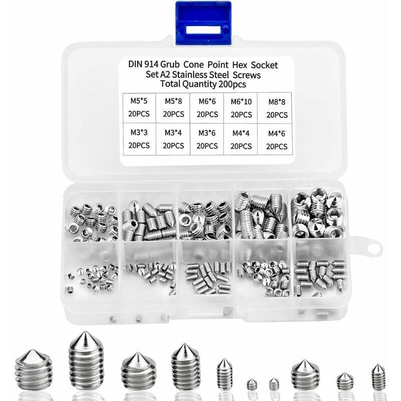 200pcs Vis Pointeau Vis Sans Tête Hexagonale , M3 M4 M5 M6 M8 Tête Conique Acier Inoxydable 304, Vis de pression，Kits de Vis à Six Pans Creux Coupelle