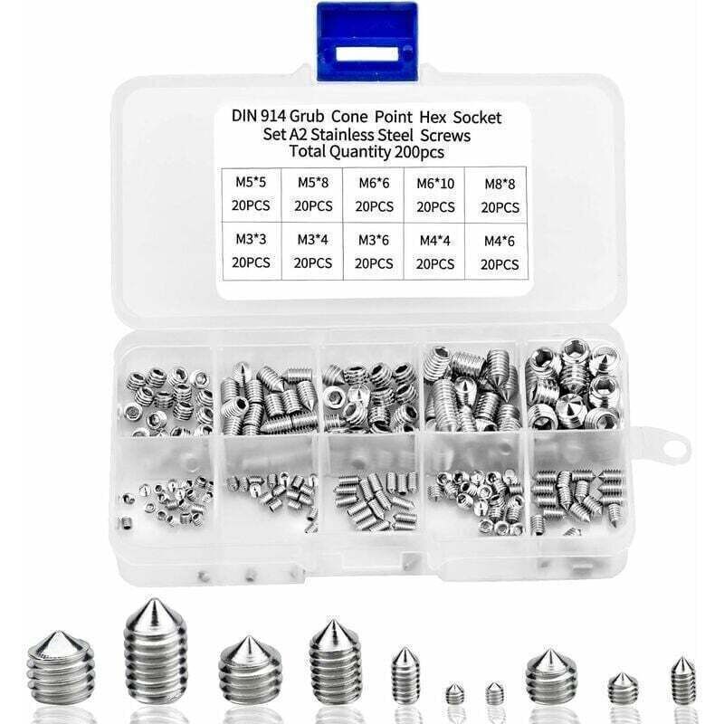 200pcs Vis Pointeau Vis Sans Tête Hexagonale , M3 M4 M5 M6 M8 Tête Conique Acier Inoxydable 304, Vis de pression，Kits de Vis à Six Pans Creux Coupelle