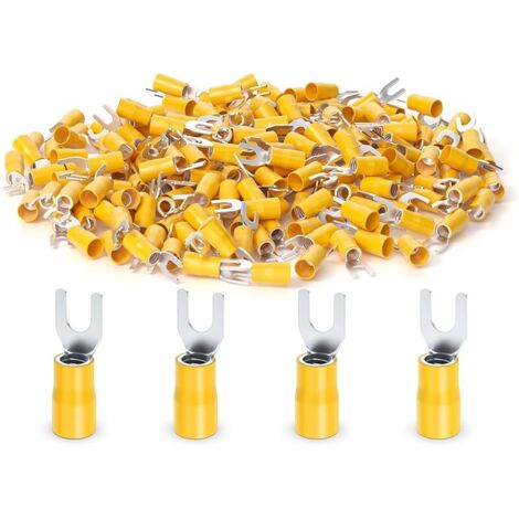 200Pièces 12-10 AWG connecteurs isolés de fil de bêche de fourche, Terminal de sertissage électrique de type u jaune