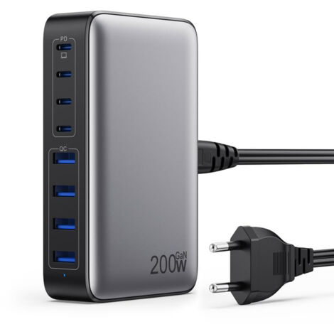 200W Chargeur USB C— Chargeur Rapide avec GaN III Tech— 8 Ports PD QC PPS Prise Multiple— 65W Adaptateur Chargeur Laptop