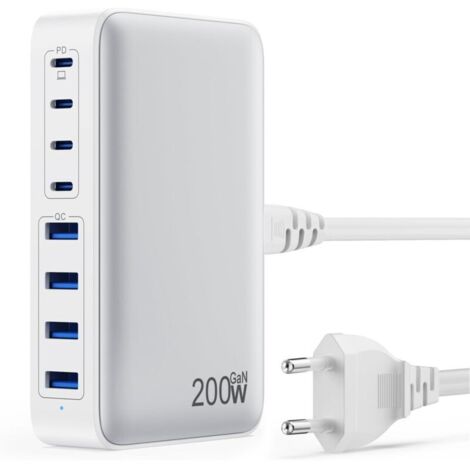 200W Chargeur USB C, Chargeur Rapide avec GaN III Tech, 8 Ports PD QC PPS Prise Multiple, 65W Adaptateur Chargeur Laptop Compatible avec MacBook Pro
