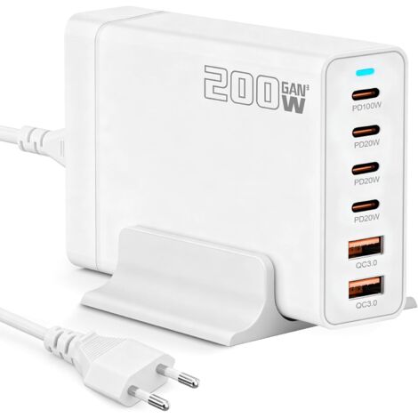 200W Chargeur USB C Multiple, PD 100W Chargeur Rapide pour Macbook Air M4, 6 Ports Chargeur Laptop Adaptateur Compatible avec MacBook Pro, iPad, iPhone 17/16, Samsung(Blanc,EU)