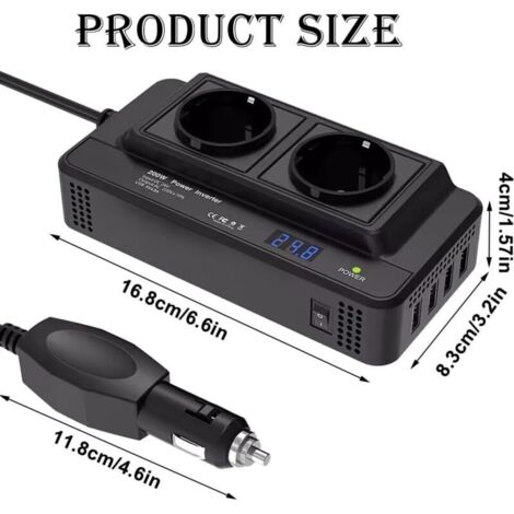 200W Convertisseur de Tension de Voiture Inverseur DC 12V À AC 220V, Avec 2 Prises Et 4 Ports USB Charge Rapide Pour Voiture, Avec Prise de Cigarette