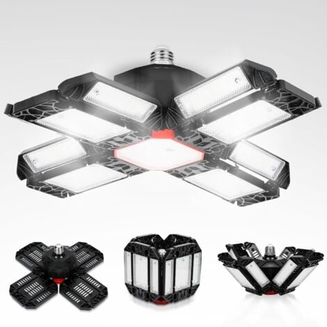 PNUATICM 200W Éclairage LED Garage, 20000LM 6500K Plafonnier déformable avec 12 Panneaux Réglables, Plafonnier d'atelier à LED E26/E27 Plafonnier Garage pour cave Magasin Atelier Entrepôt