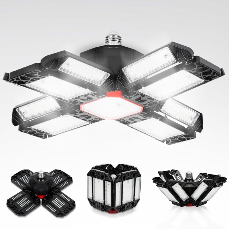 Pnuaticm - 200W Éclairage led Garage, 20000LM 6500K Plafonnier déformable avec 12 Panneaux Réglables, Plafonnier d'atelier à led E26/E27 Plafonnier