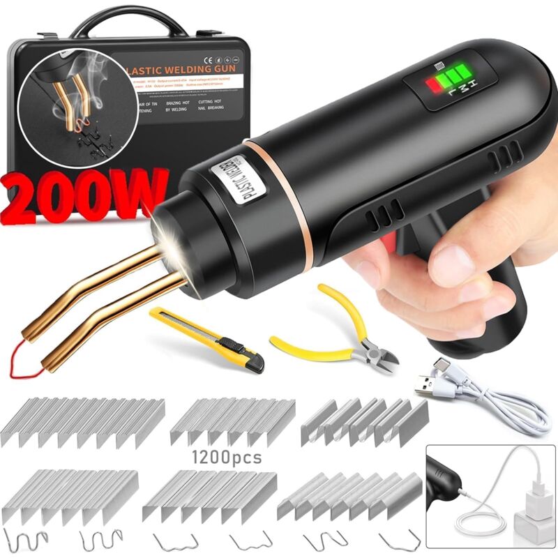 200W Soudure Plastique Sans Fil, USB Rechargeable Soudage Plastique avec Batterie 5000ma, Kit Réparation Plastique avec 1200PCS Agrafes Chaud pour