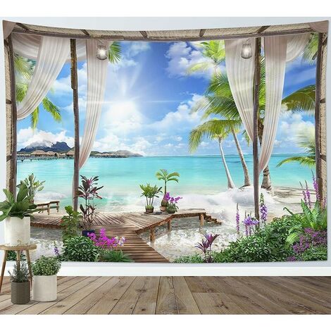 200x150cm Arazzo Turchese Oceano Appeso A Parete Spiaggia Coperta Foto Carta Da Parati Paesaggio Isola Tropicale Dal Balcone Arazzo Decorazione Della Parete Per Casa Soggiorno Camera Da Letto Dormitor
