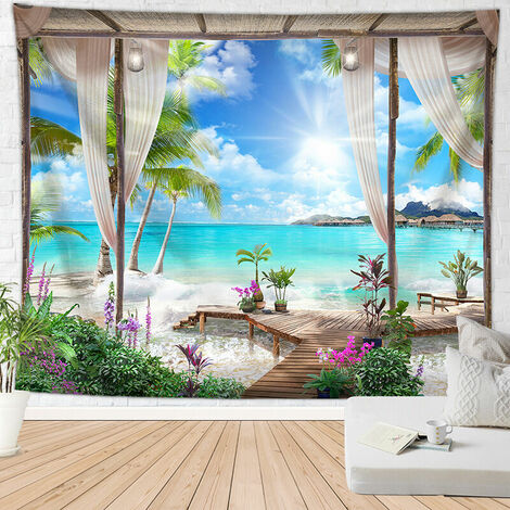 200x150cm Wall Tapestry Turquoise Ocean Wall Hanging Beach Blanket Wall Murals Tropical Island Scenery From Balcony Tapestries Wall Decor for Home Living Room Bedroom Dorm