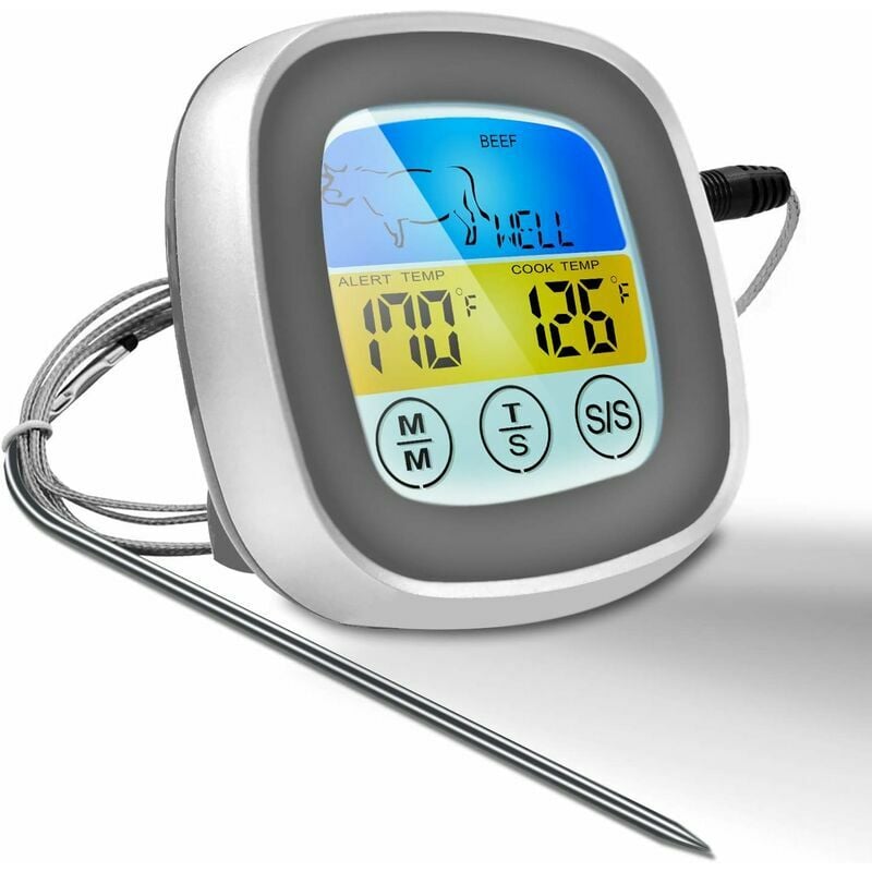 2020 Meat Thermometer with 40' Digital Probe Cable for Safe Cooking with led Color Touch Screen for bbq, Smoker, Grill(Grey with White Center Frame)