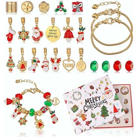 2022 Calendrier de l'Avent Bracelet pour Filles 24 Jours Compte à rebours Thème de Noël Surprise Blind Box DIY Bracelet Créatif Décor Kit de Bijoux