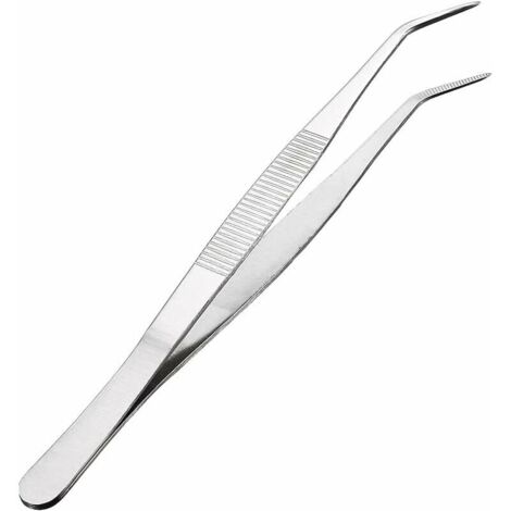 20cm/8in stainless steel pliers with a 60-degree curved and serrated tip. Professional multi-purpose pliers for industrial work and laboratory use.