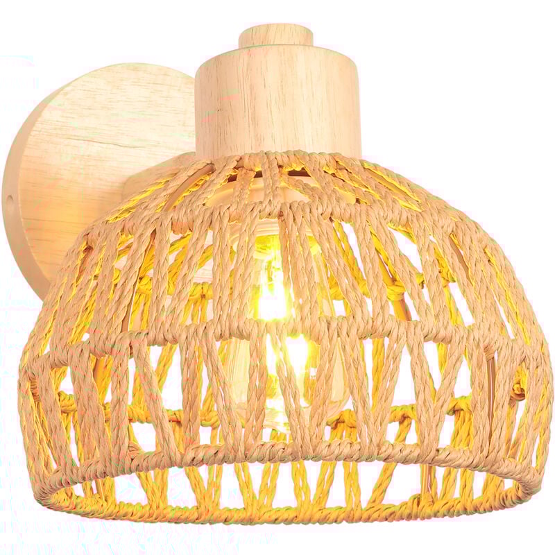 20CM Applique Murale Intérieure Lampe Murale Réglable en Bois et Rotin Rétro E27 Luminaire Applique Vintage pour Chambre Salon