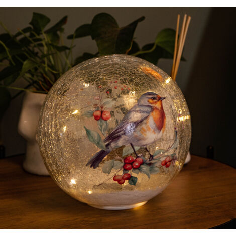 20cm Battery Operated Light up Robin Crackle Glass Ball with 15 Warm White LEDs