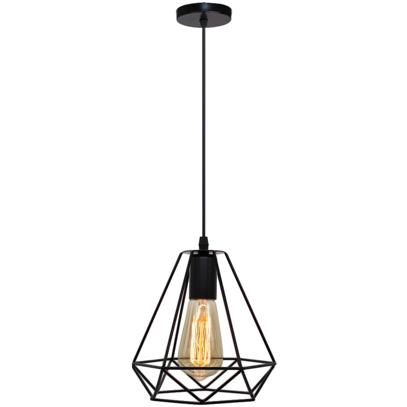 Pendant Light Black, Vintage Industrial Ø20cm Diamond Shape Hanging Ceiling Lamp Fixture Industrial Metal Chandelier with Cage Lampshade for Kitchen