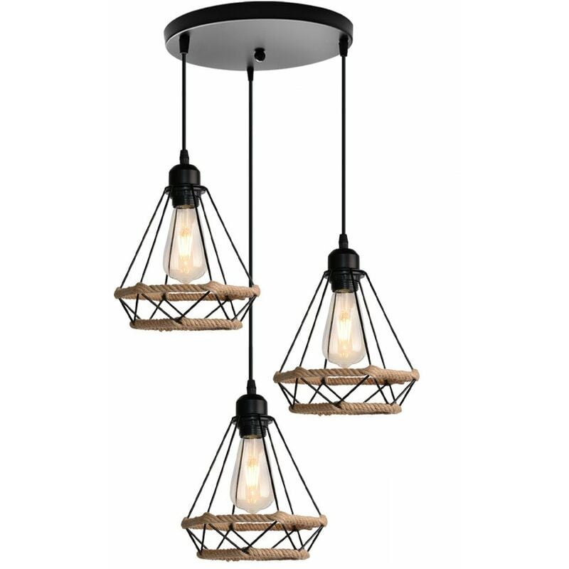 

20CM Lámpara de Techo Industrial 3 Cabezas Retro Lámparas de Colgar de Cuerda de Cáñamo Lámparas de Colgar de Diamante Lámparas de Colgar de Estilo
