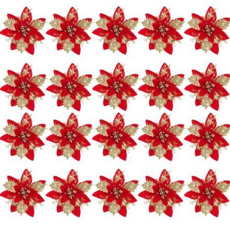 20er Set Künstliche Weihnachtsblumen mit Glitter-Pinzetten und Stielen – Dekoration für Weihnachtsbaum, Hochzeiten, Festlichkeiten und Kränze