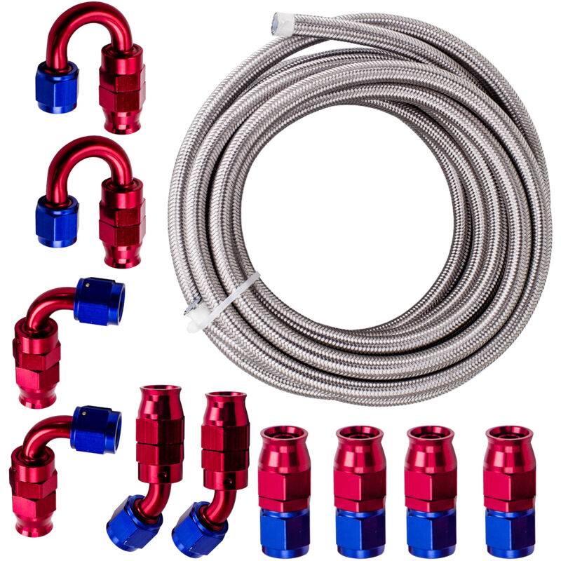 Image of 20FT AN8-8AN ptfe Stainless Steel Braided Gas Oil Line Hose AN8 Fitting ends Kit