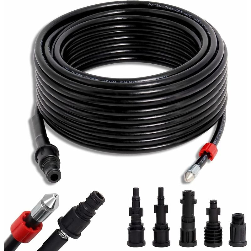 Freosen - 20m Tuyau pour Nettoyeur Haute Pression 5 adaptateurs 180 bar 60°C,kit de nettoyage de tuyaux pour Kärcher Lavor,Interpump,Bosch nettoyeur