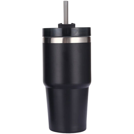 20oz Edelstahl-Isolierbecher mit Strohhalm, glänzend schwarz - Hält Getränke länger heiß und kalt