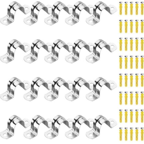 20PCS 20mm 304 Clips de tuyau en acier inoxydable Pince de tube en U Sangle de tube à deux trous avec 40 vis de réglage ajustées utilisées