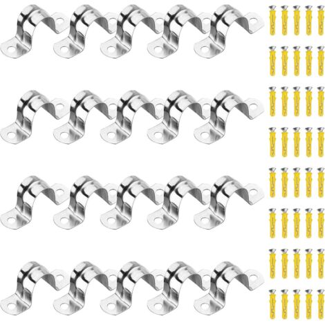 20PCS  20mm 304 Clips de tuyau en acier inoxydable Pince de tube en U Sangle de tube à deux trous avec 40 vis de réglage ajustées utilisées