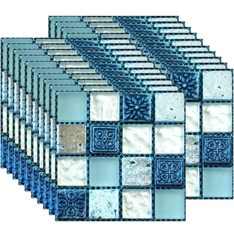 20PCS Autocollant Carreau, Auto-Adhésif Autocollant Fond D'écran Résistant à la Chaleur Étanche Dosseret pour Cuisine Salle de Bâton Mosaïque Bleu (10 x 10 cm / 4 x 4 Pouces)
