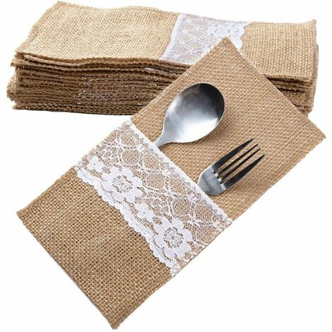 20pcs Burlap Bag Lace Covered Pouch Cutlery Holder Fork Jute Vintage Christmas Party Wedding Table Decoration (Dimension: 11 x 21cm)