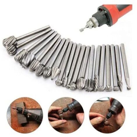 20Pcs HSS Fraises Rotatives Set Fraises en Carbure de Tungstène Cutter Die Fraises, 1/8 \'\' (3mm) Tige Dremel Burr Bits pour bricolage travail du bois, découpage, perçage,