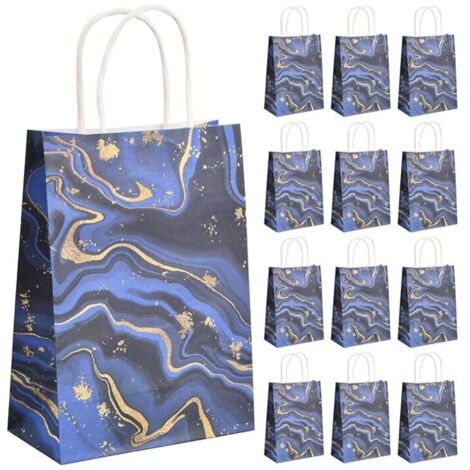 20PCS Pochettes Cadeau Papier, Sacs Cadeaux avec Poignées, Sac de Fête en Papier, Sacs de Bonbons, Pochettes Cadeaux Marbrure pour Anniversaire Mariage Fête Cadeau Emballage (Bleu)