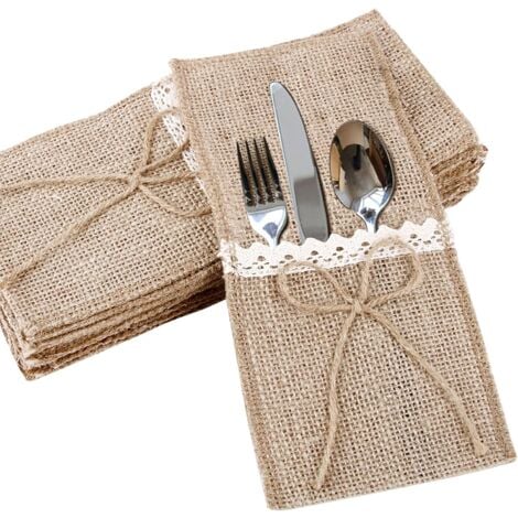 20Pcs Porte Couvert Sac Toile Jute Dent Pochette de Vaiss Fourchette Jute Vintage Décoration Table Fournitures de Mariage Fête Noël Baptême Nœud Jute