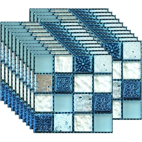 TINOR 20PCS Tile Sticker, Self Adhesive Wallpaper Sticker Heat Resistant Waterproof Backsplash for Kitchen Bathroom Stick Mosaic Blue (10 x 10 cm / 4 x 4 Inch)