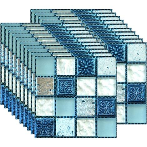 MEMKEY 20PCS Tile Sticker, Self Adhesive Wallpaper Sticker Heat Resistant Waterproof Backsplash for Kitchen Bathroom Stick Mosaic Blue (10 x 10 cm / 4 x 4 Inch)