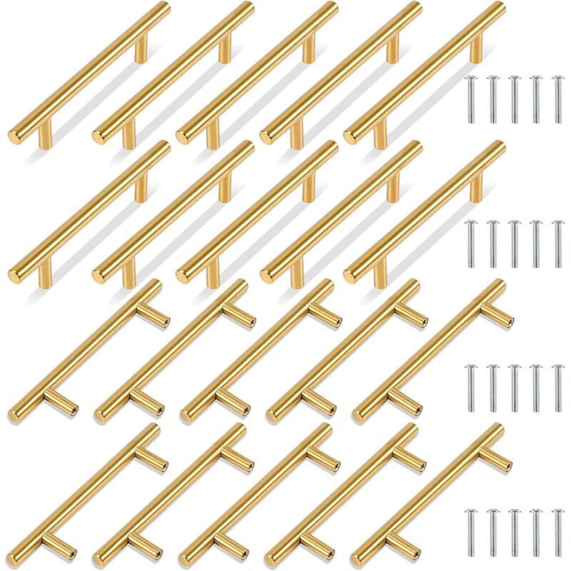 Poignées en T , lot de 20, dorées, largeur 150 mm, pour portes et tiroirs de placards, entraxe de 96 mm.