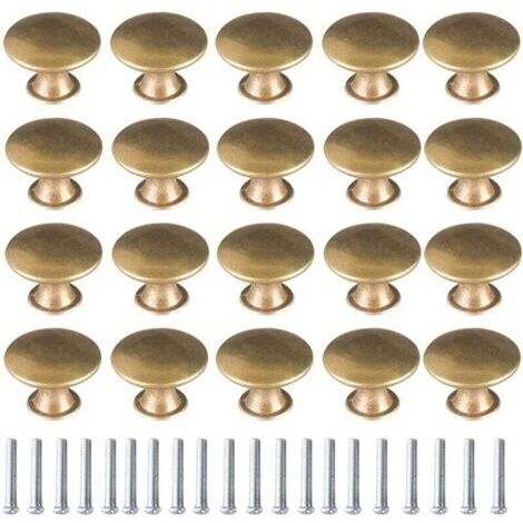20x Boutons Or Brossé de Porte Laiton Vintage 30mm Poignées de Meuble Rond avec Vis pour Commode Armoire