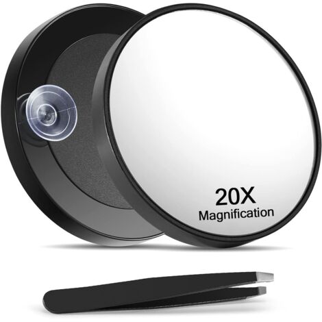 20X Magnifying Mirror with 2 Suction Cups, 3.5 inches Magnified Makeup Mirror and Slant Tweezers,Black,1PC