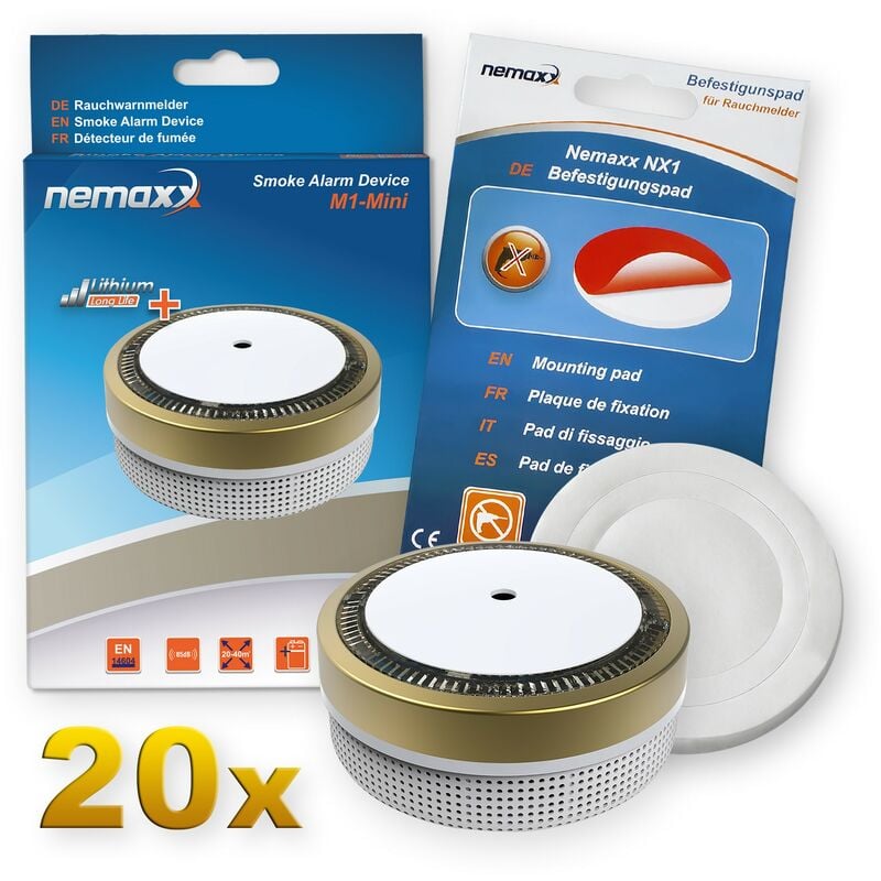 

Nemaxx - 20x Detector de humo M1-Mini sensibilidad fotoeléctrica - con batería de litio tipo DC3V - conforme la norma DIN EN14604 & Vds - dorado +