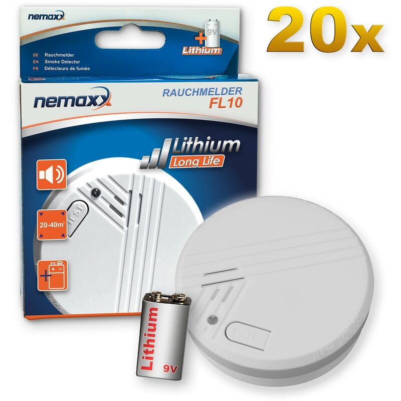 

Nemaxx - 20x FL10 detector de humo con batería de litio de 10 años , Alarma de seguridad contra incendios - de acuerdo a la norma DIN EN 14604