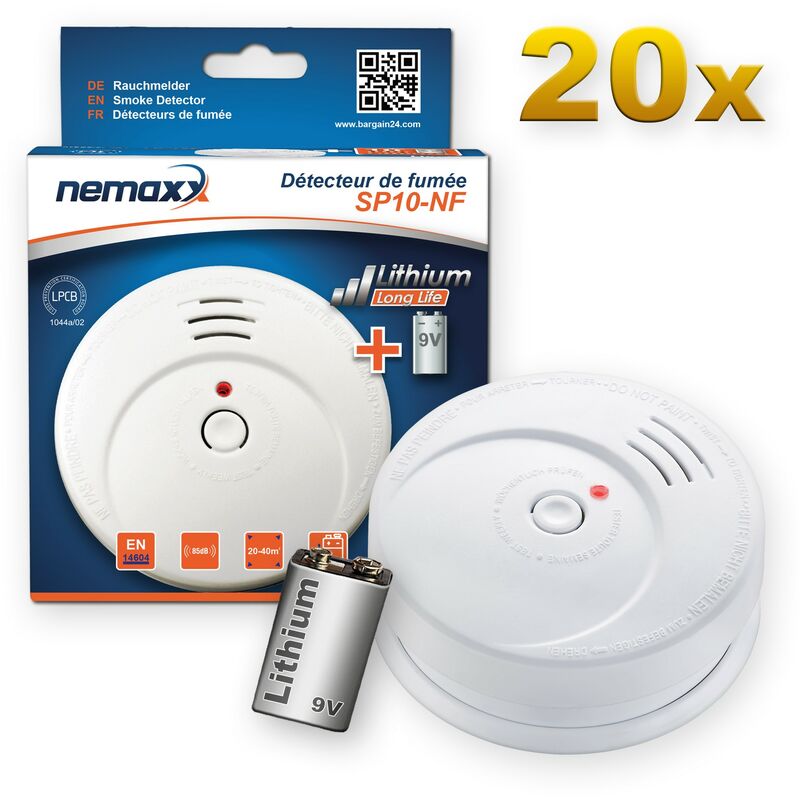 

20x Detector de humo SP fotoeléctrico según DIN EN14604 con batería de litio de 9V con 10 años de duración - Nemaxx