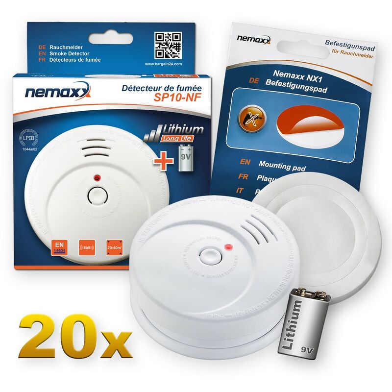 

20x Detector de humo Nemaxx SP fotoeléctrico según DIN EN14604 con batería de litio de 9V con 10 años de duración + NX1 Pad de fijación