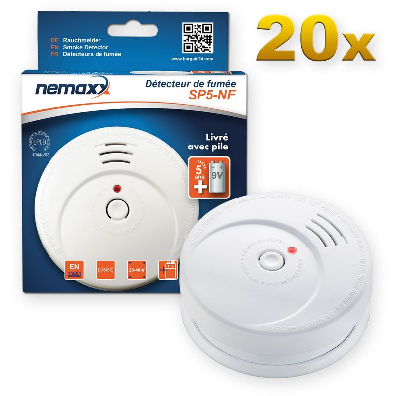 

20x Nemaxx SP5-NF Detector de humo de alta calidad con pila incluida de 9V - Blanco