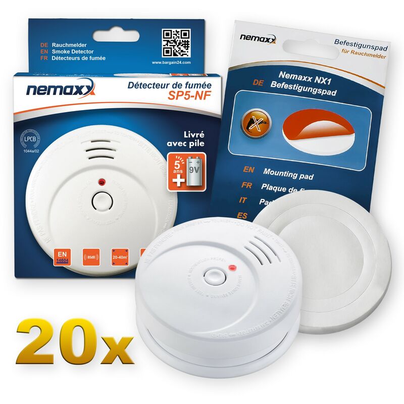 

20x Nemaxx SP5-NF Detector de humo de alta calidad con pila incluida de 9V - Blanco + NX1 Pad de fijación