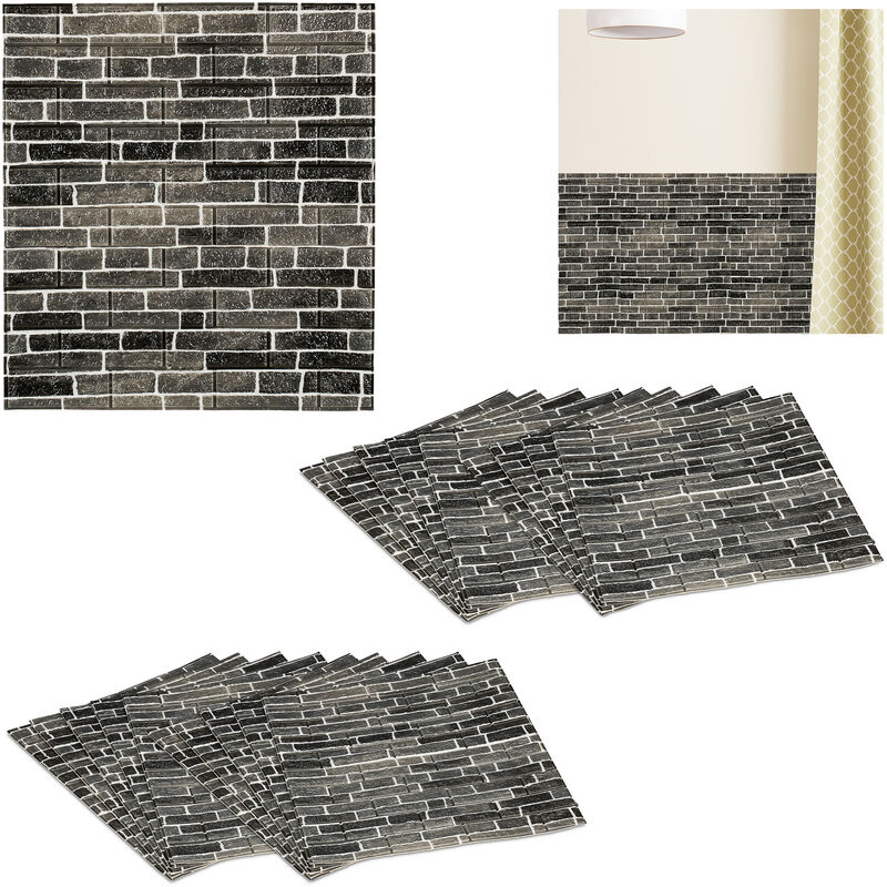 Relaxdays Self-Adhesive Wall Panels, Set of 20, Cut to Size, Modern Look, Stone Pattern, Paneling, 77 x 70 cm, Charcoal