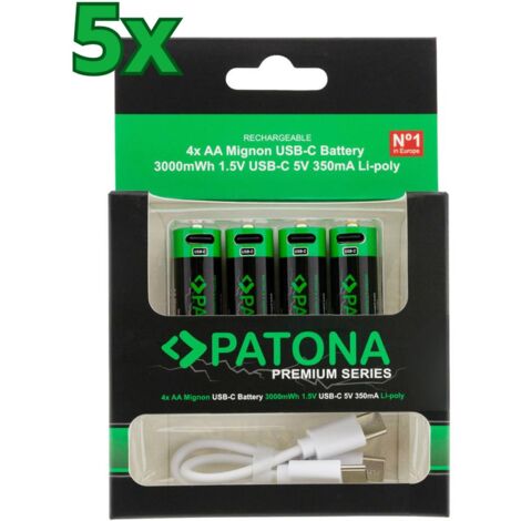 20x PATONA Premium USB-C 4x AA Akkus Lithium 1.5V 3000mWh (5x 4er Blister)