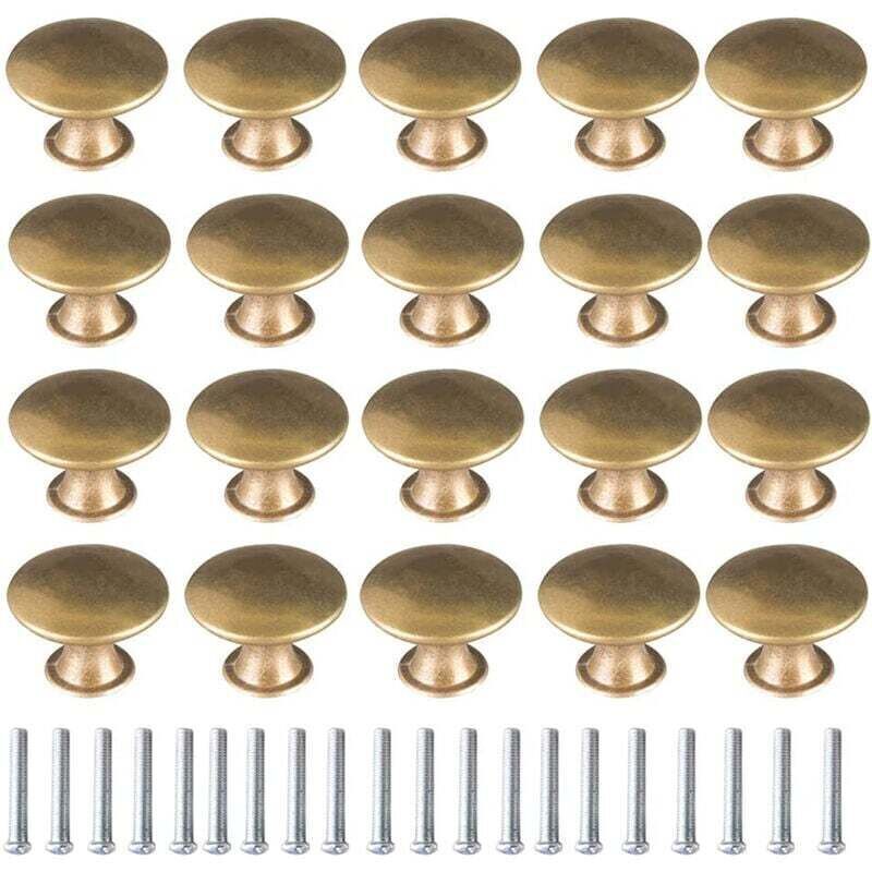 20x Vintage Brass Brushed Gold Door Knobs 30mm Round Furniture Handles with Screws for Dresser Wardrobe